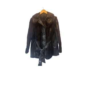 1980s Vintage Fur Coat with leather accents and wrap belt